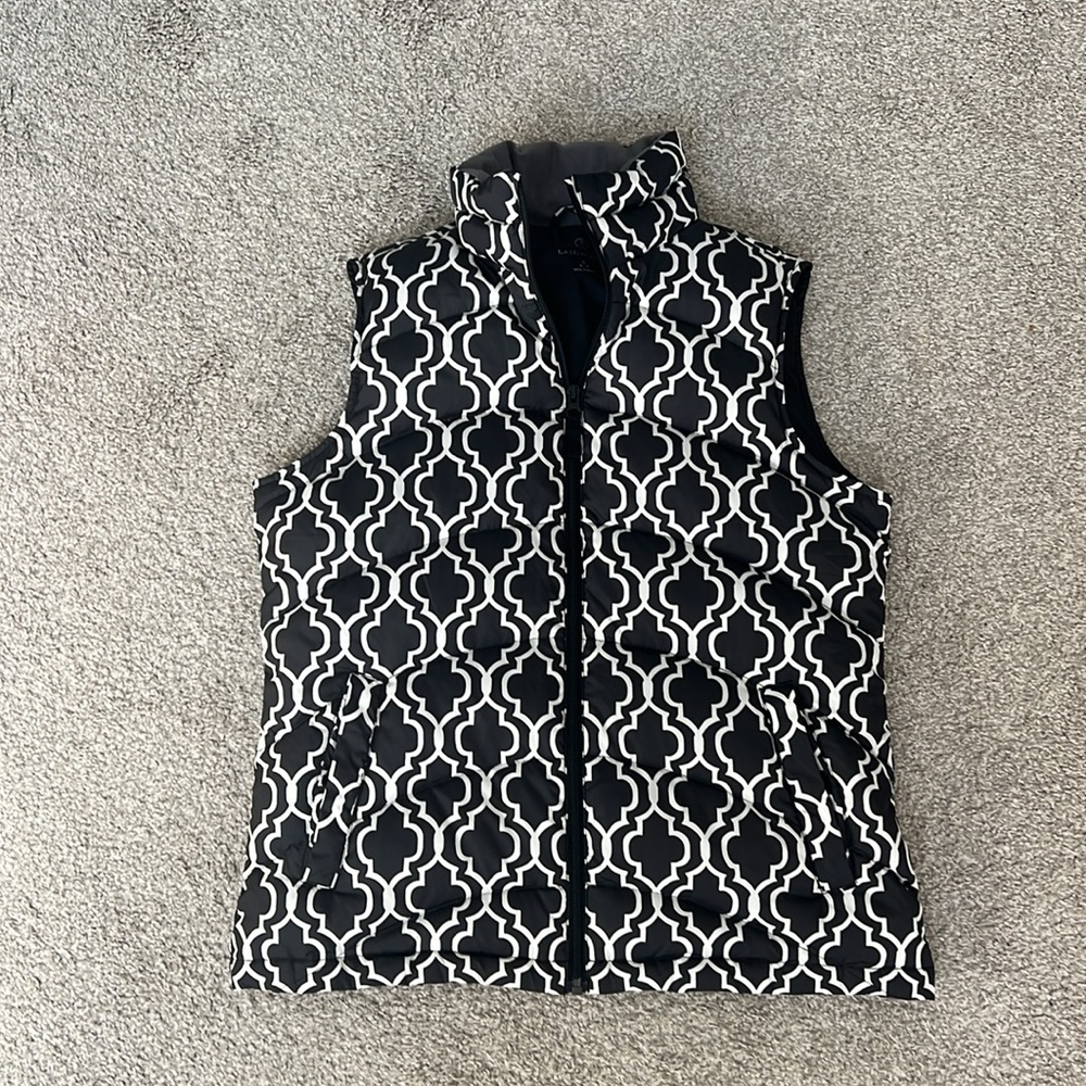 Lands' End Black and White Patterned Women's Vest Jacket Down Filled, Zip